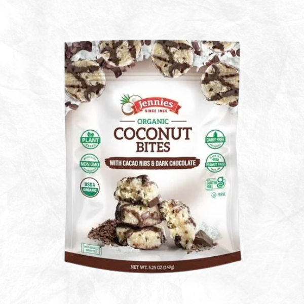 Jennies Organic Coconut Bites with Cacao Nibs and Dark Chocolate